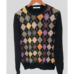 1980s or 1990s  Daks London Wool Argyle Sweater Made In Italy Black Multicolor